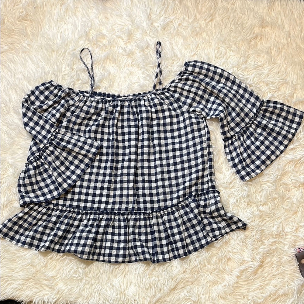 ☀️Caution To The Wind Blue and White Ruffled Smocked Blouse